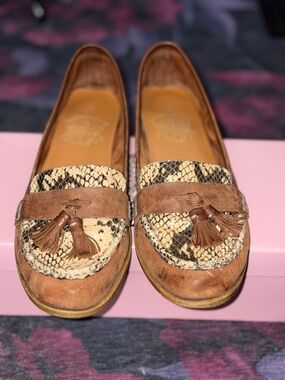 Crown Vintage Brown Suede Loafers with Snake-Print Accent